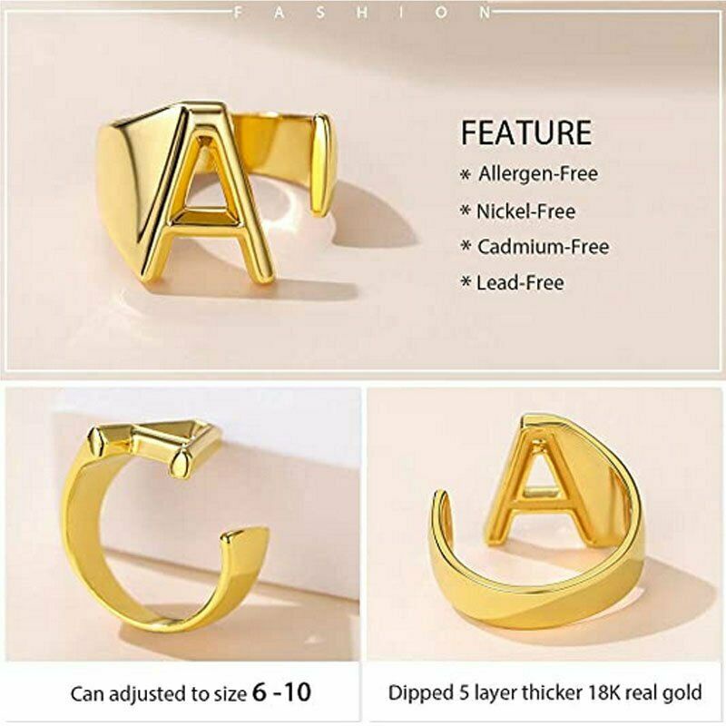 Cincin Model Terbuka Adjustable Desain Huruf Alfabet A-Z Warna Emas Untuk Wanita