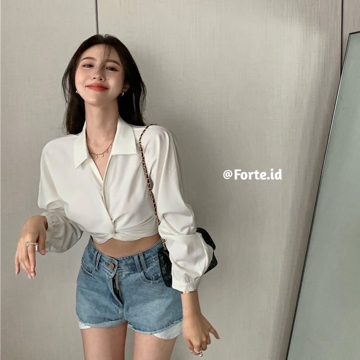 Wrap Top Putih Kemeja Lengan Panjang Wanita Terbaru Korean Style Blouse Crop