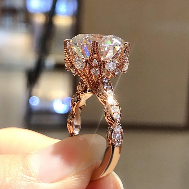 Cincin 4 Cakar Warna Rose Gold Hias Cubic Zirconia Bulat Besar Untuk Wanita