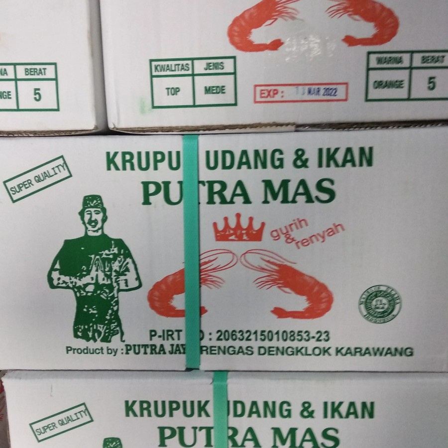 

Krupuk / Kerupuk Udang Putra Mas 5 kg jenis Mede Sabit / Kancing Kotak 1 Dus Karton