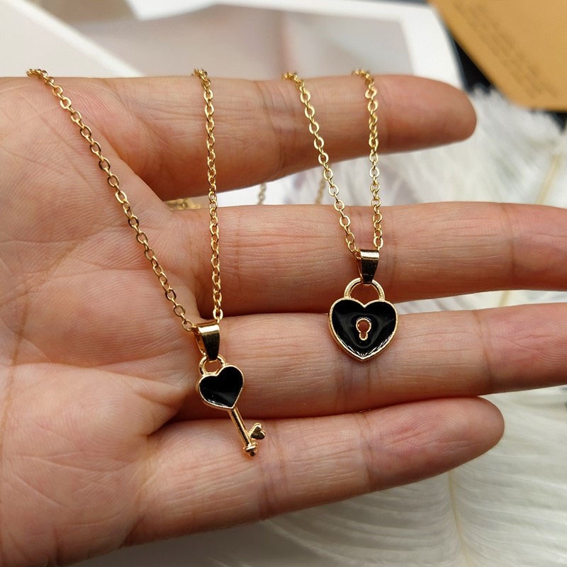 2 Pcs Fashion Wanita Trendi Kunci Liontin Link Rantai Kalung Hati Pasangan Pecinta Kalung - PD