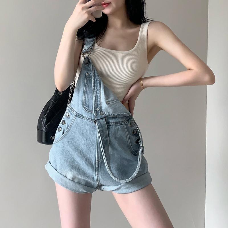 Suhao Musim Semi dan Musim Panas Baru Gaya Barat Tinggi Pinggang Net Merah Fashion Denim Celana Pendek Strap Wanita Tipis Kecil