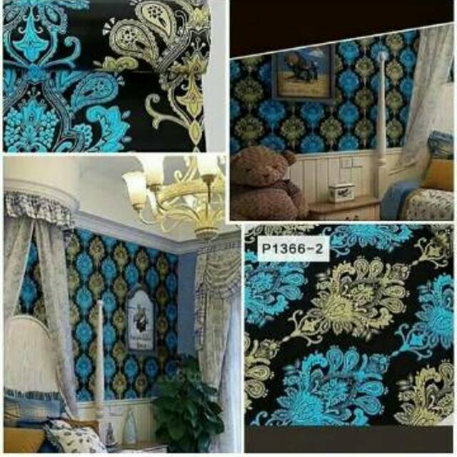 wallpaper dinding motif batik kuning emas dan biru
