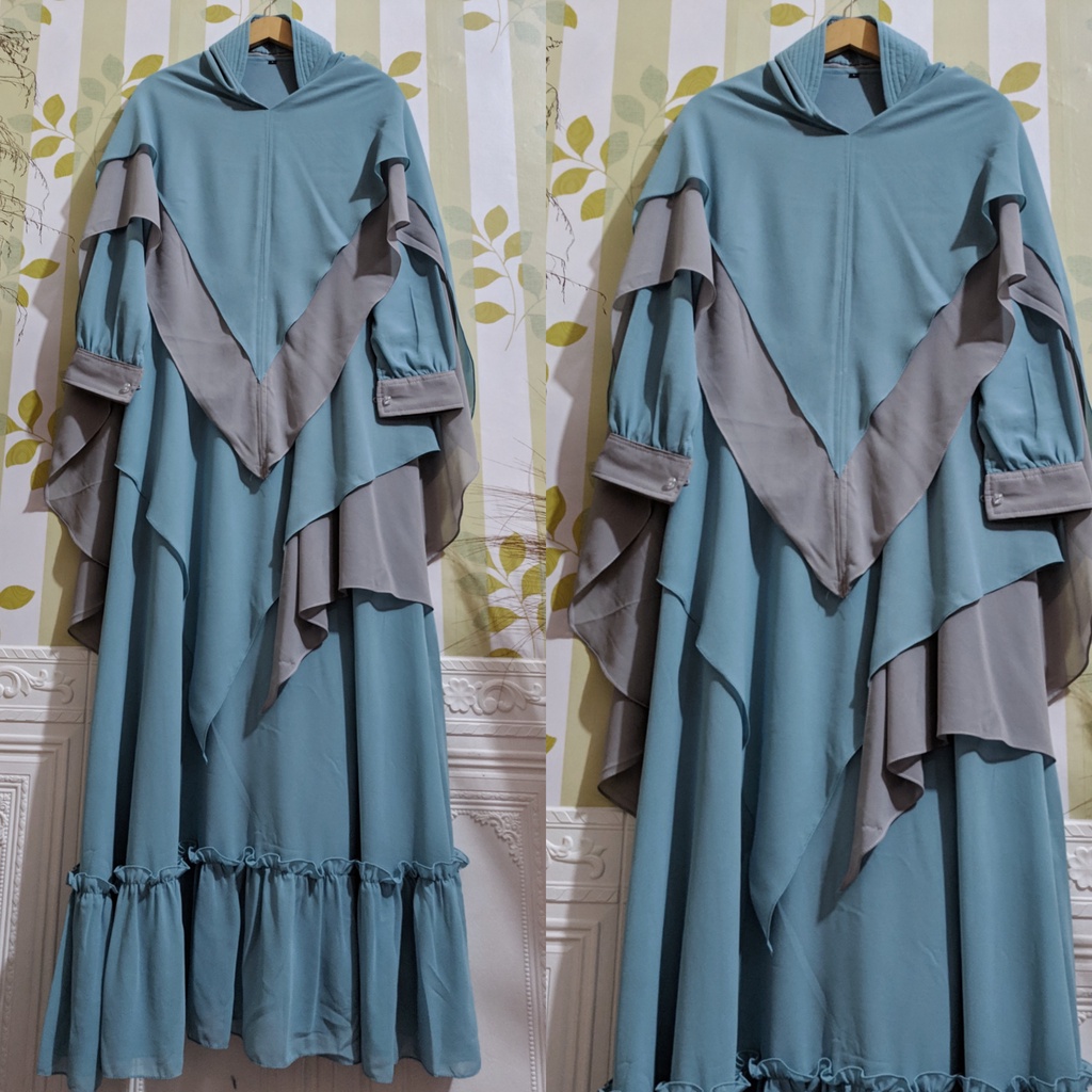 Gamis syari ceruty set khimar Gamis wanita remaja ibu ibu jumbo mewah Gamis terbaru kekinian-Wardah mix abu