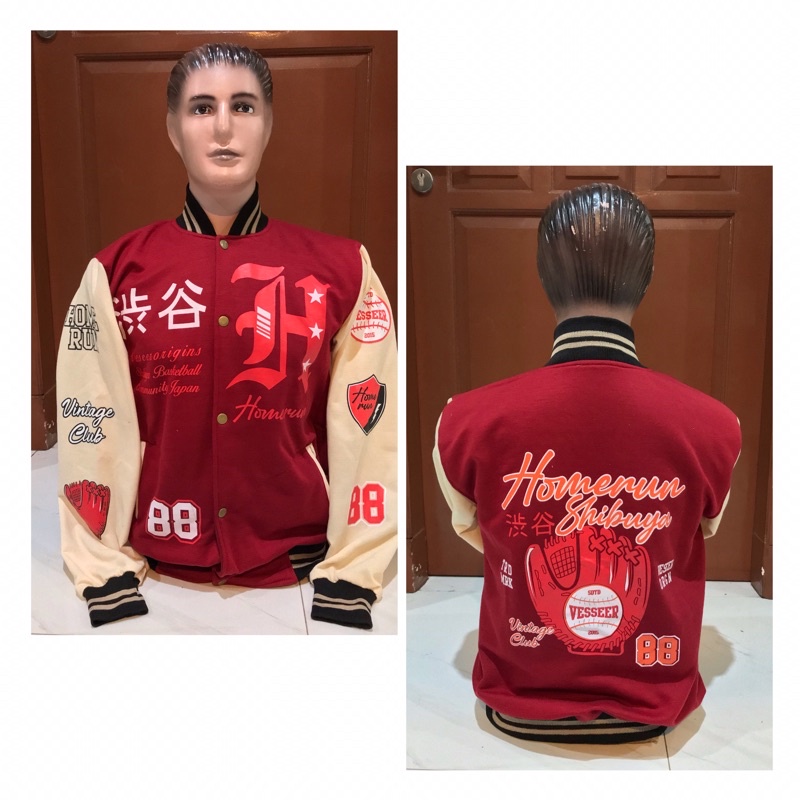 JAKET VARSITY JAKET BASEBALL PRIA WANITA JAKET BASEBALL RACING PRIA WANITA JAKET BOMBER KAMIKAZE - ORIGINS - HOMERUN VARSITY JACKET BAHAN FLEECE TEBAL Bahan-Merah Homerun