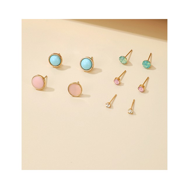 LRC Anting Set Fashion Color Mixing Round Turquoise Contrast Alloy Earrings Set P14824