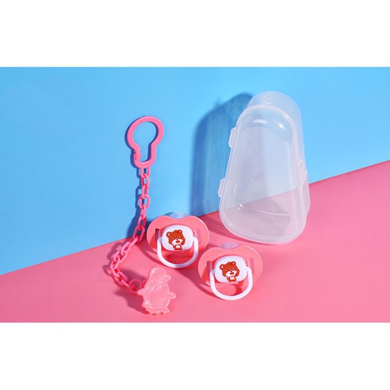 tokolima9 - DOT BAYI ANTI JATUH / EMPENG RANTAI DENGAN KOTAK / BABY DOT SILIKON-PINK