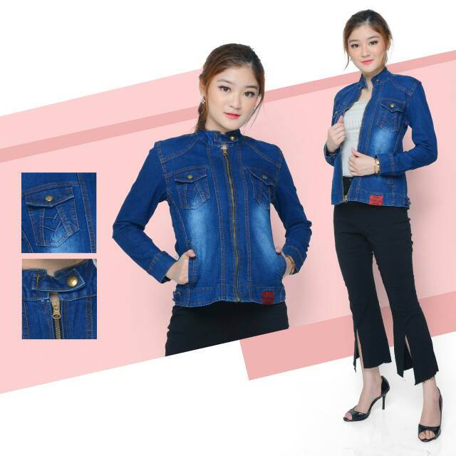 MC girl - Jaket Jeans Kerah Tinggi Wanita / Jaket Jeans Kerah Shanghai Warna Biru Tua / Jacket Denim Korea Model Terbaru Dark Blue