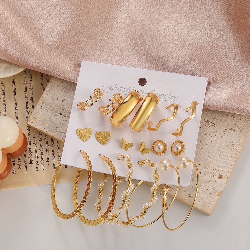 9 Pcs / set Anting Mutiara Imitasi Bentuk Geometris Bahan alloy Gaya retro Eropa Amerika