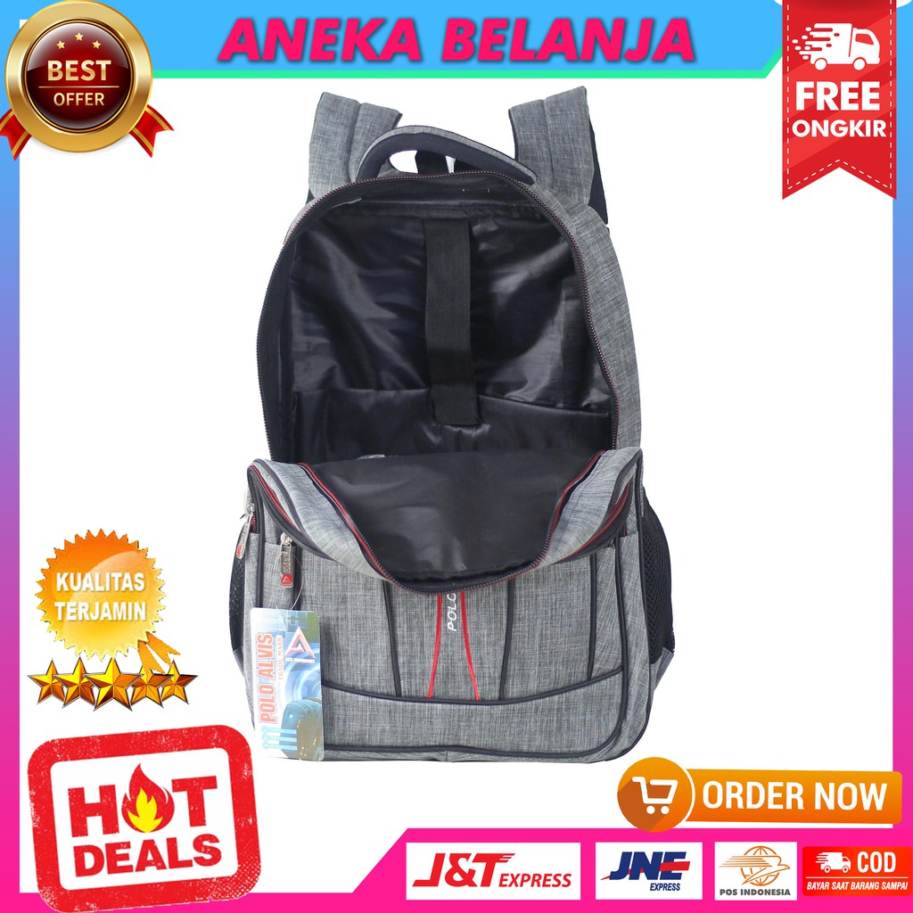 Tas Backpack Sekolah Kuliah Kerja ALVIS Bordir Abu Bonus Raincover Ransel Cowok Murah Multifungsi