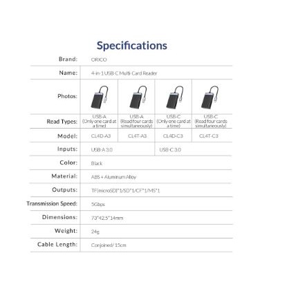 Usb type-c 3.0 card reader orico Ms cf sd micro sd tf memory card 4in1 5Gbps read simultaneosly CL4T-C3 - Pembaca kartu memori
