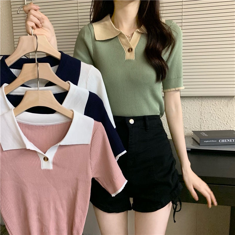 Clarissa Polo Knit Top Import - Blouse Kerah Rajut - Atasan Wanita Rajut Import TM (81055)