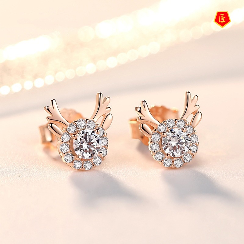 [Ready Stock]New 925 Silver Rose Gold Diamond Elk-Shaped Stud Earrings