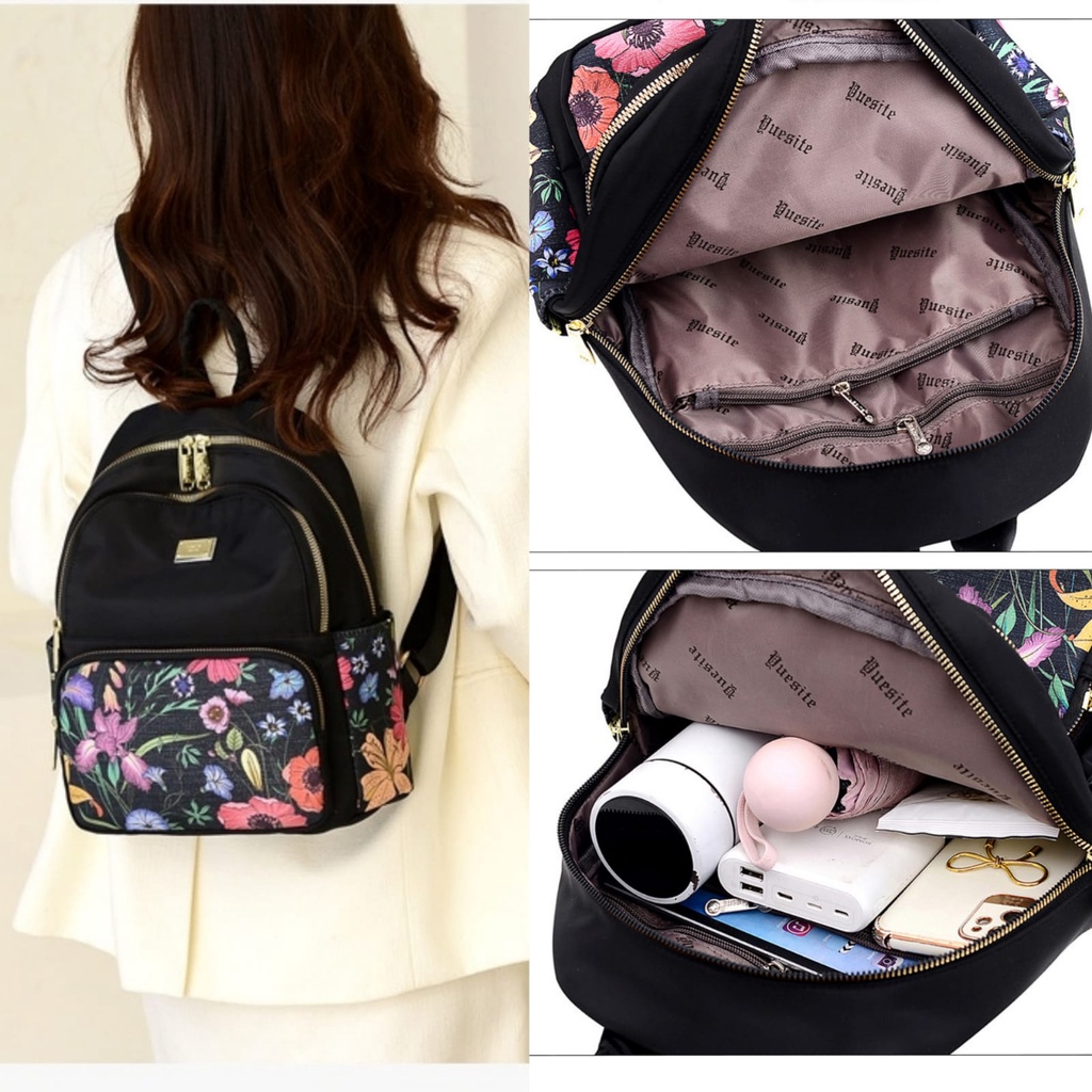 TAS RANSEL WANITA 3 RESLETING ANTI AIR MOTIF BUNGA HITAM BACKPACK CEWEK KOREA LUMBIA TA573B5 GENDONG PUNGGUNG SEKOLAH KULIAH KERJA IMPORT PREMIUM REMAJA KEKINIAN BATAM BRANDED