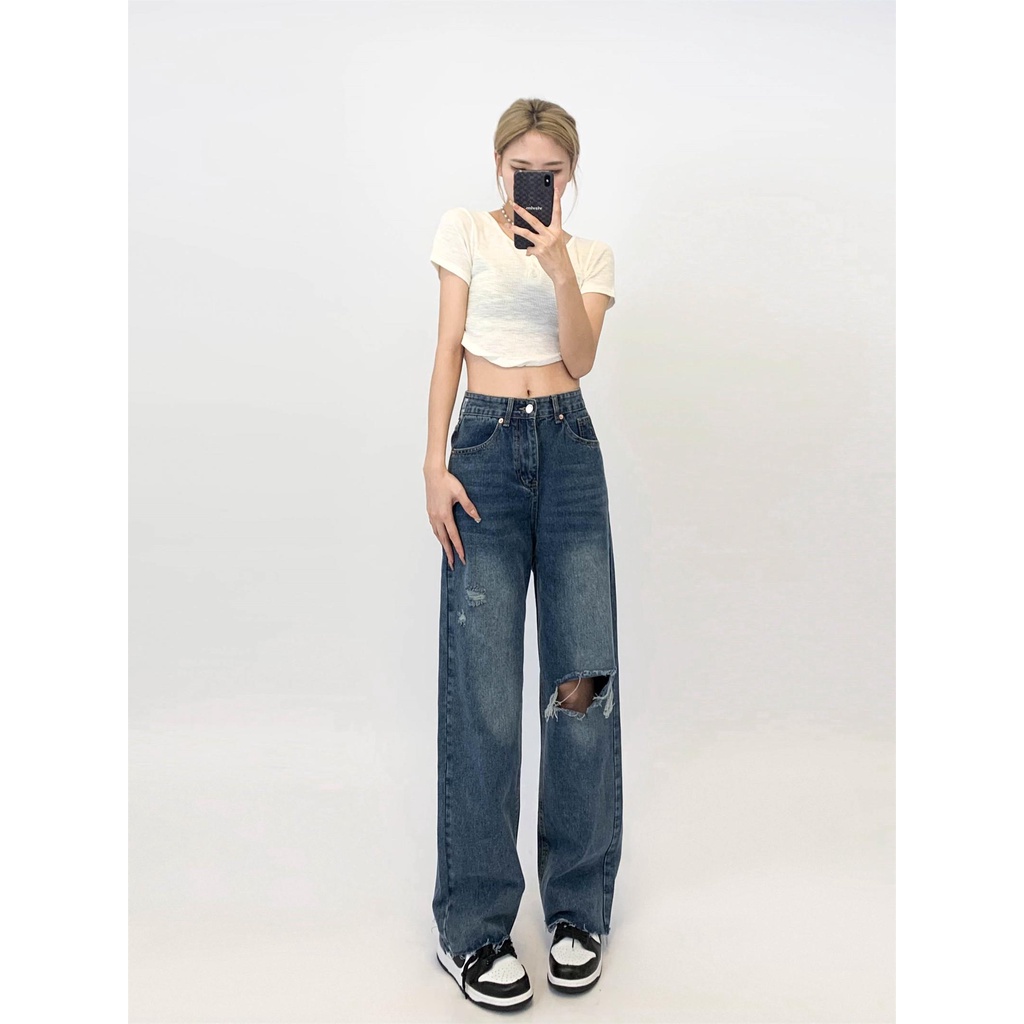 Highwaist Biru Premium Import Loose Original Fashion Retro Celana Jeans Panjang Wanita