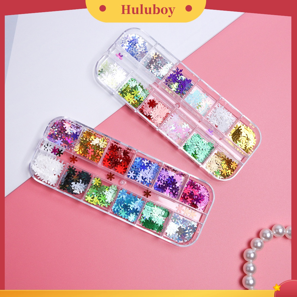 Huluboy Huluboy♡ 12 Sekat Payet Glitter Snowflake 3D Multi Warna Untuk Dekorasi Nail Art
