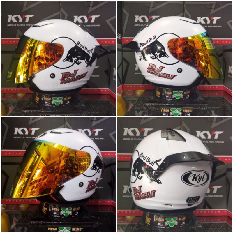 KYT DJ MARU SOLID WHITE PAKET GANTENG RED BULL VISOR IRIDIUM + SPOILER