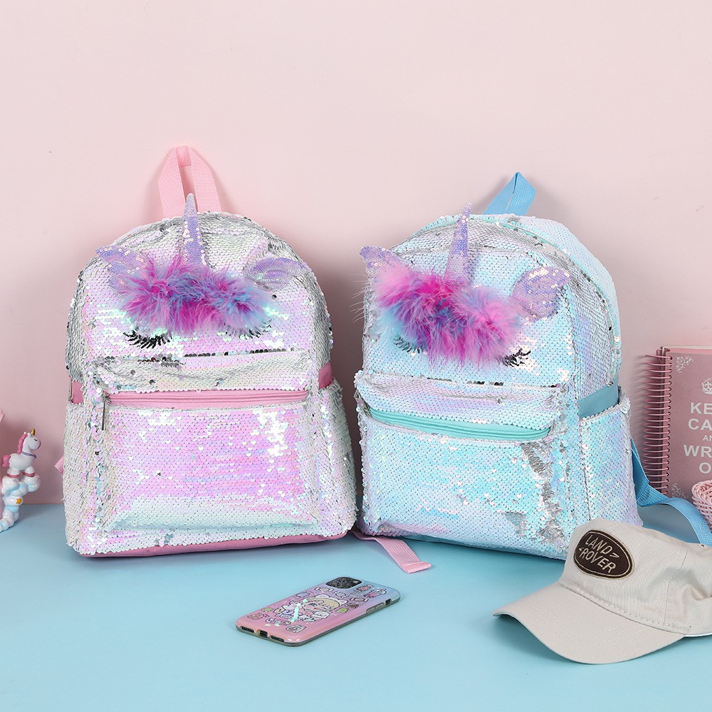 tas ransel sequin unicorn tanduk bulu TRU037 backpack anak perempuan sd