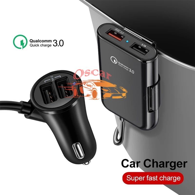 QC3.0 + 2.4A + 3.1A Charger Mobil Belakang Warna Hitam kabel 1.8m 4 SUB