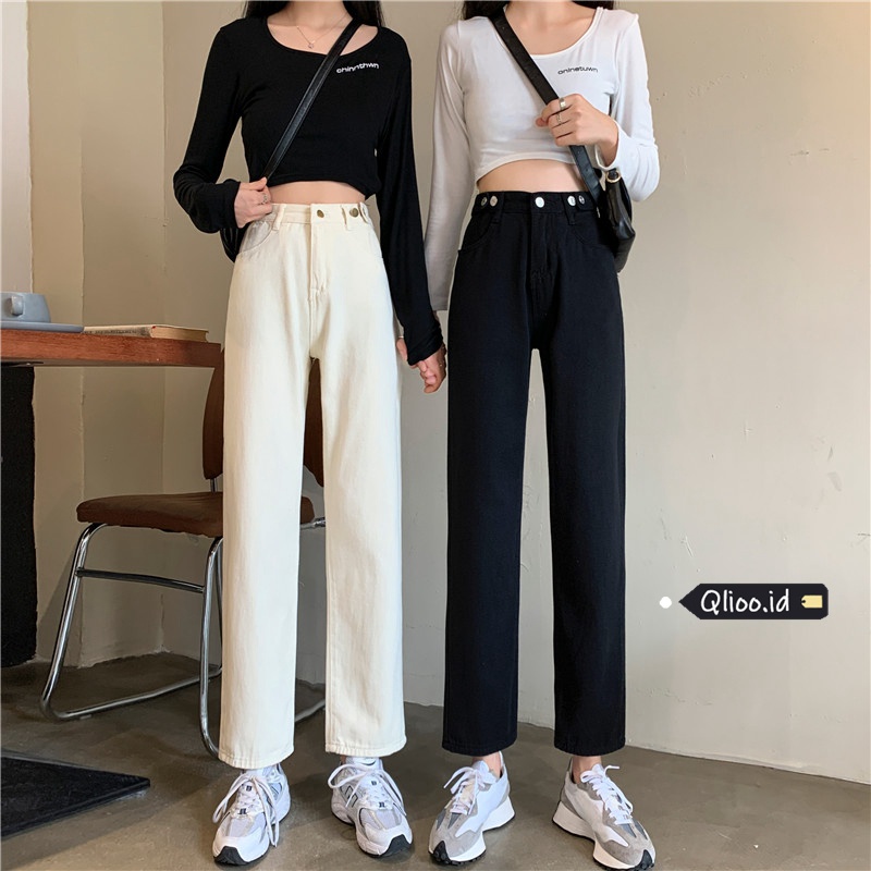 High Waist Celana Jeans Panjang wanita denim straight pants Korean style