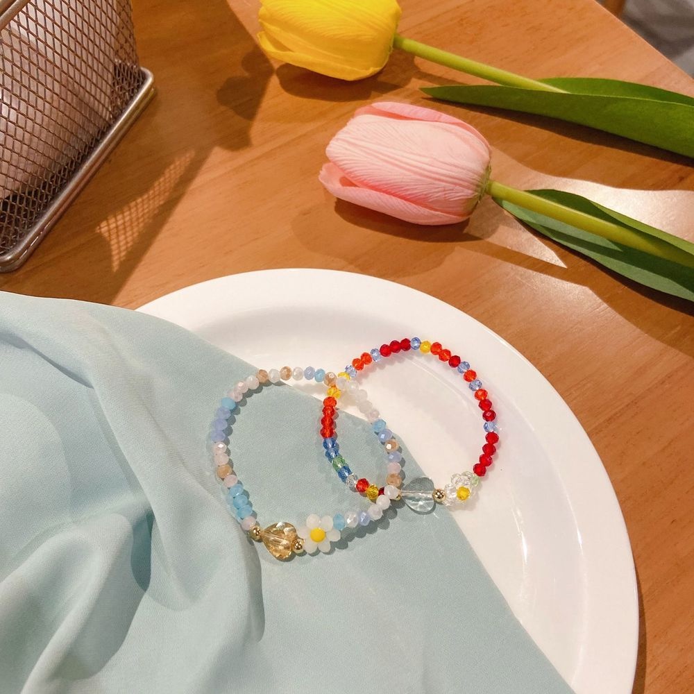 Korean Summer Flowers Crystal Beaded Bracele Niche Design Sense of Girls' Bracelets Sweet Heart Jewelry