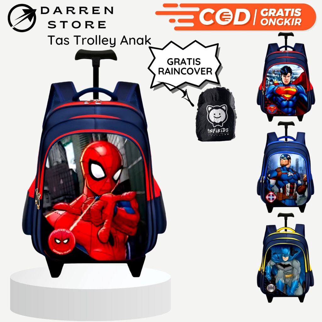 Tas Troli Anak Sekolah SD Laki Laki import 1925 Tas Dorong Superhero Ransel Trolly SD Timbul