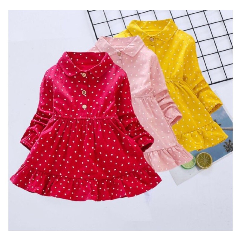 casual polka dress. baju santai anak cewek perempuan pink yellow red merah