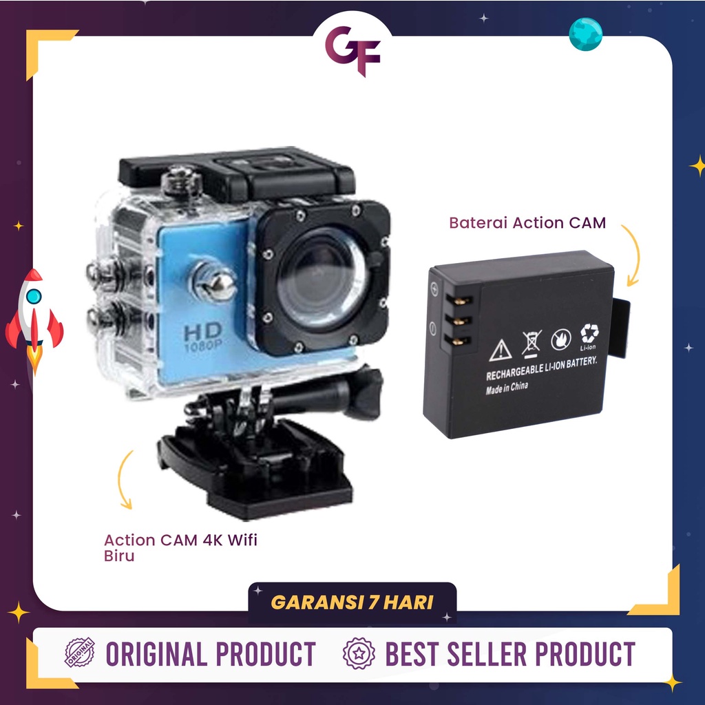 ACTION CAMERA 4K DAN 1080 HD WATERPROOF 900 MAH AKSESORIS LENGKAP - GOODFELLAS-BIRU WIFI + BATERAI