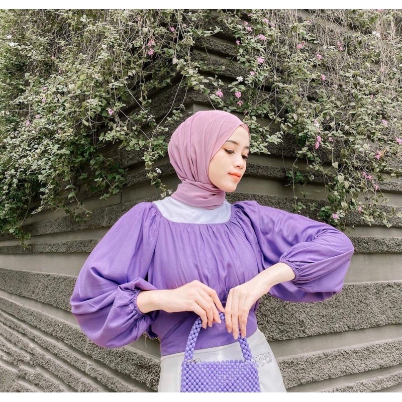 VIOLET CROP BLOUSE LENGAN TANGAN BALON ATASAN WANITA FASHION OOTD SELEBGRAM