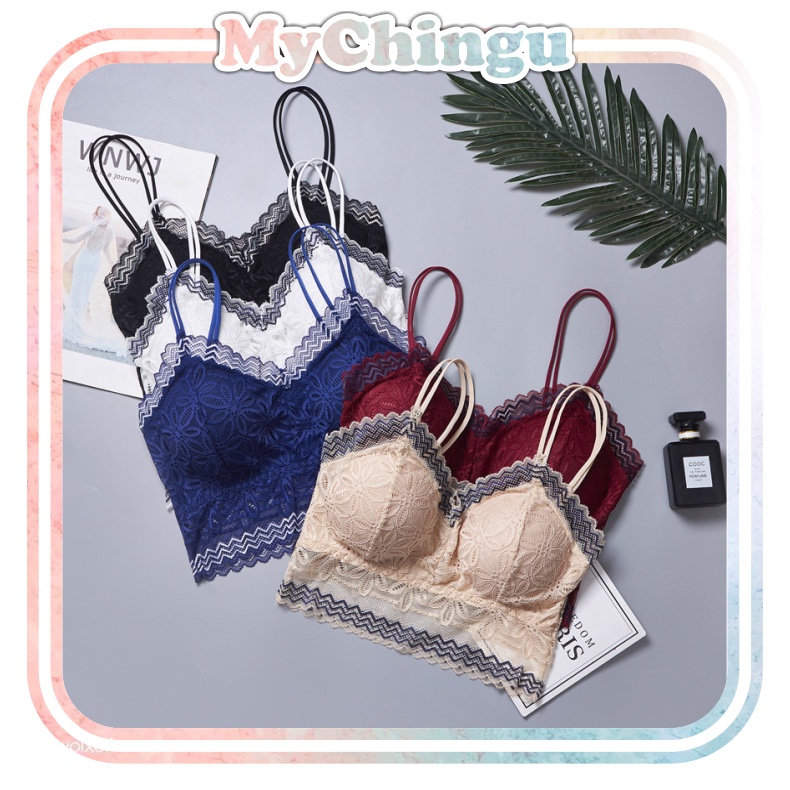 ❀ Chingu ❀ PW030 (Bahan Tipis) COD Sport Bra Bunga Bralette Nylon Aksen Renda Tanpa Kawat Aneka Warna Import