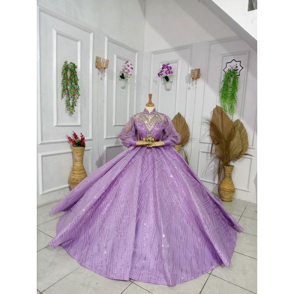 PREMIUM GAUN PENGANTIN CRINOLIN LILAC MEWAH