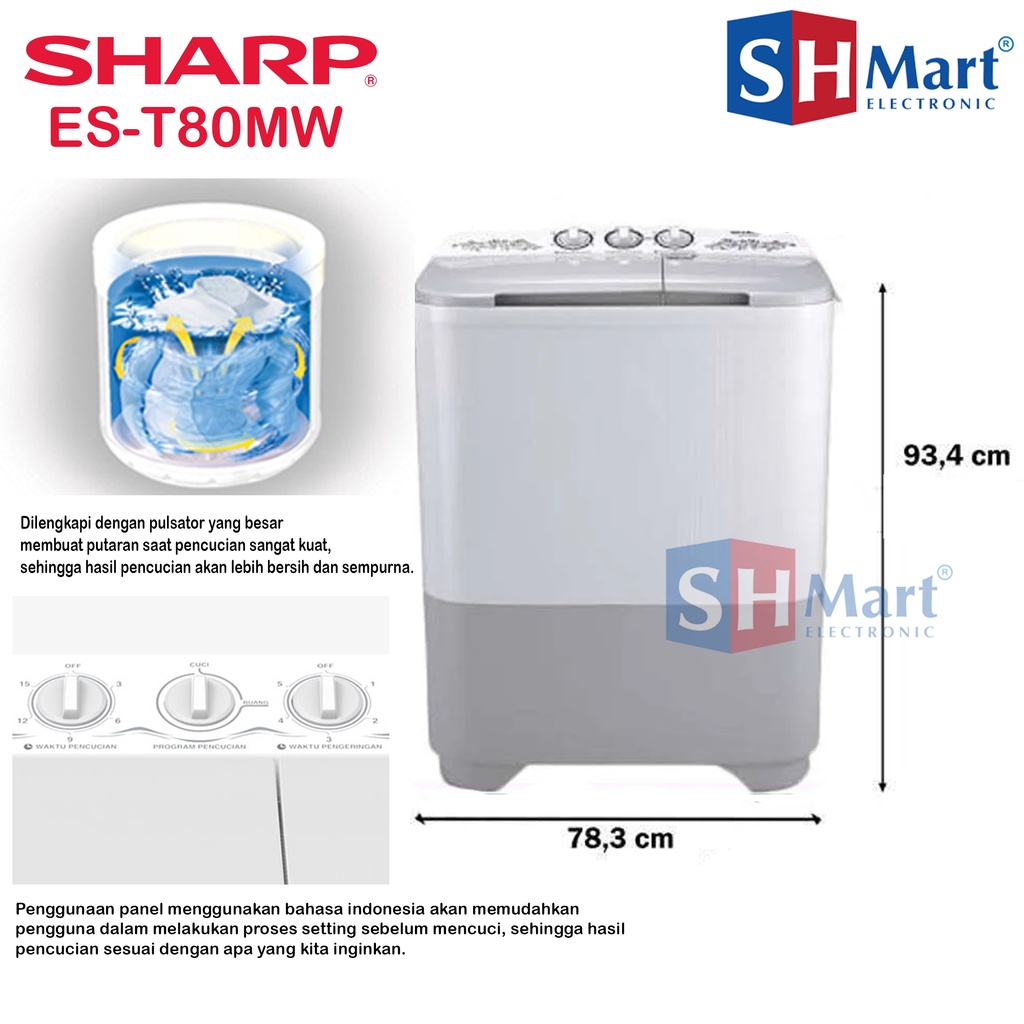 MESIN CUCI SHARP 2 TABUNG EST-70MW / ES-T80MW / ES-T90MW GARANSI RESMI (MEDAN)