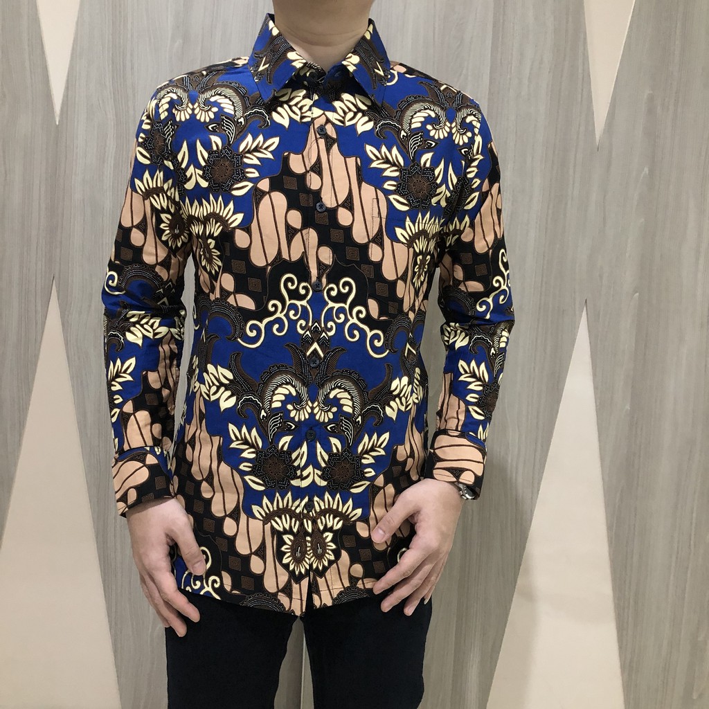 [GRIDLINE - LS080 Brown - LS029 Blue] Baju Kemeja Batik Slimfit Pria Lengan Panjang FULL KATUN
