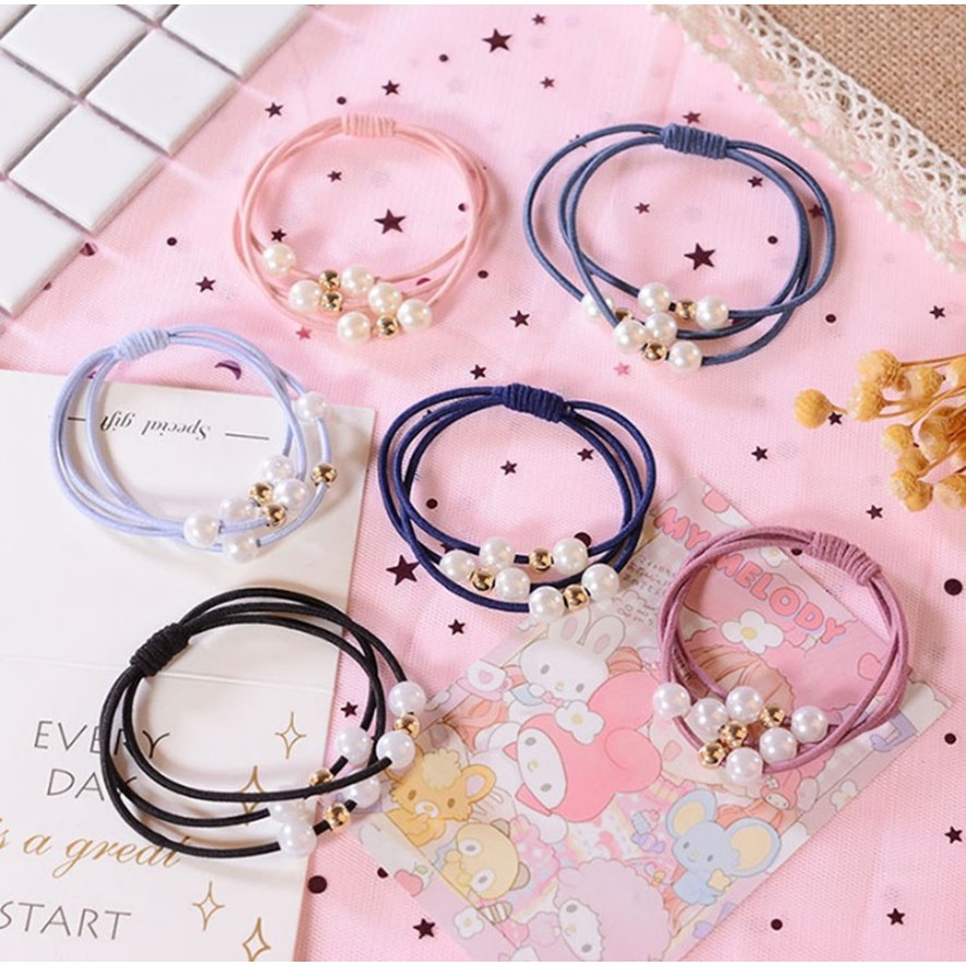 Ennwen IK06 Ikat Rambut Korea Elatis Pearl and Gold 6 pcs-1