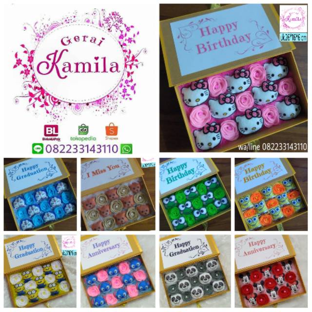Buket bunga flanel flower box boneka spongebon minion stitch panda mickey mini mouse (gerai kamila)