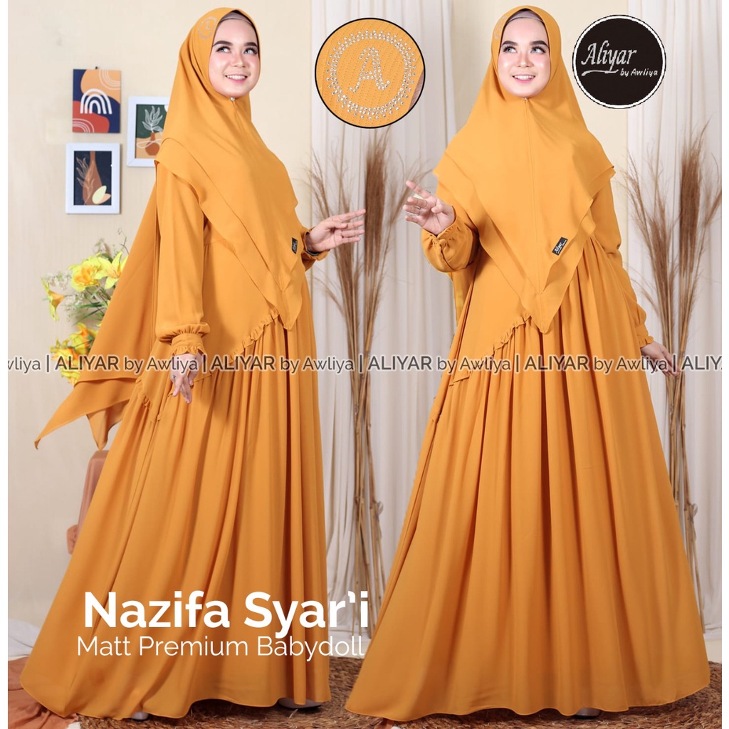 GAMIS NAZIFA SYAR'I /ORIGINAL ALIYAR BY AWLIYA /CERUTY BABYDOLL PREMIUM/KERUDUNG DUA LAYER/GAMIS SET