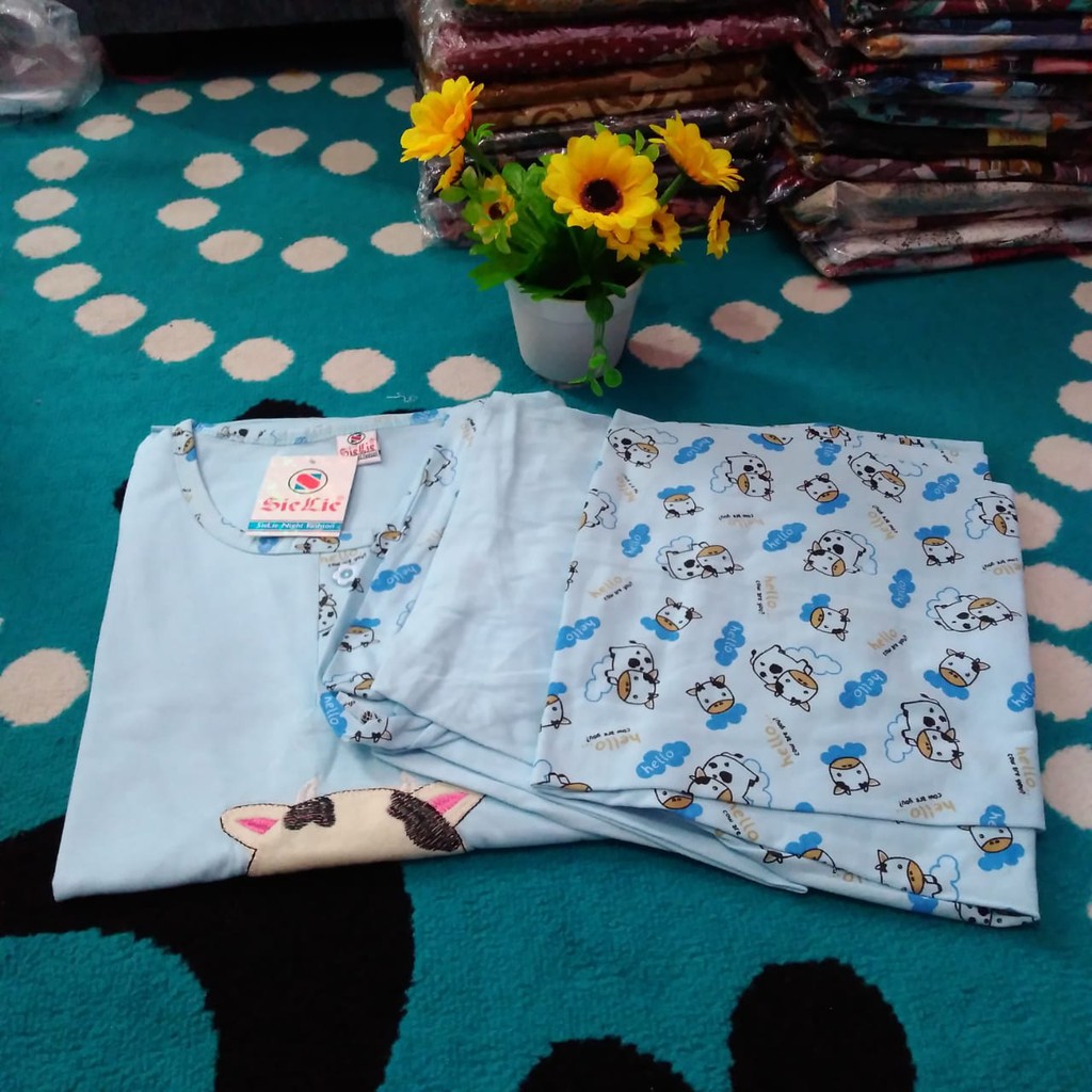 Termurah 3in1 Sie Lie Setelan Baju Tidur Wanita Dewasa Piyama Daily Set Bahan Kaos Tebal Allsize-Biru