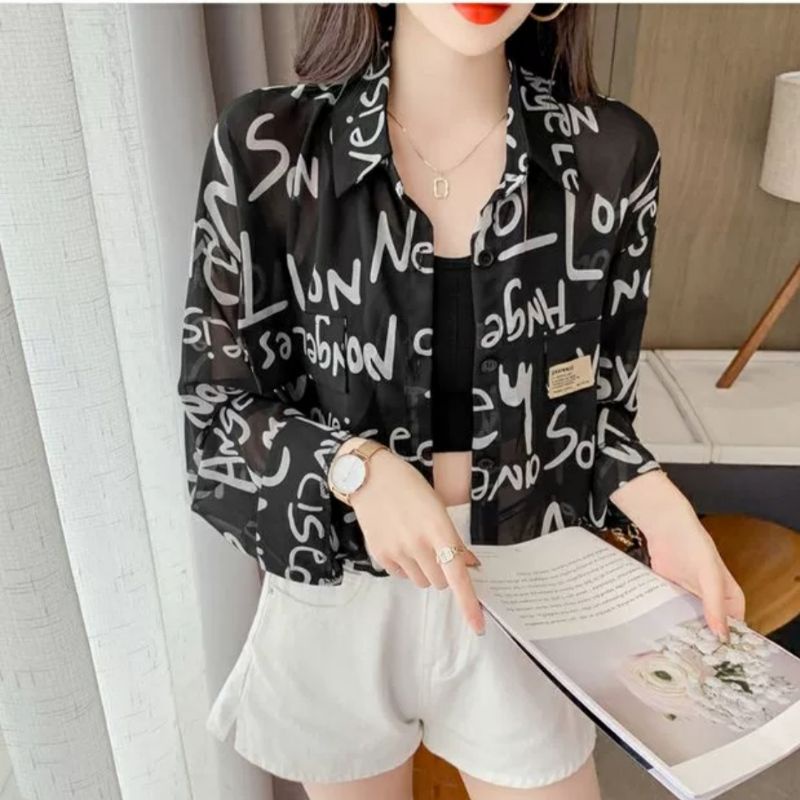 MDLV ~ 22662# Lennox Crop Shirt kemeja Chiffon Alfabet Kemeja Crop Lengan Panjang Kemeja Korea Fashion Import