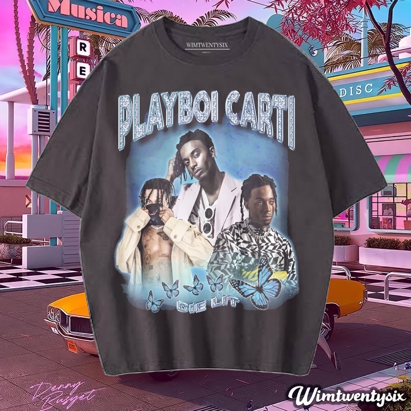 KAOS PLAYBOI CARTI DIE LIT VINTAGE RAP TEE ( OVERSIZE DARK GREY T-SHIRT)