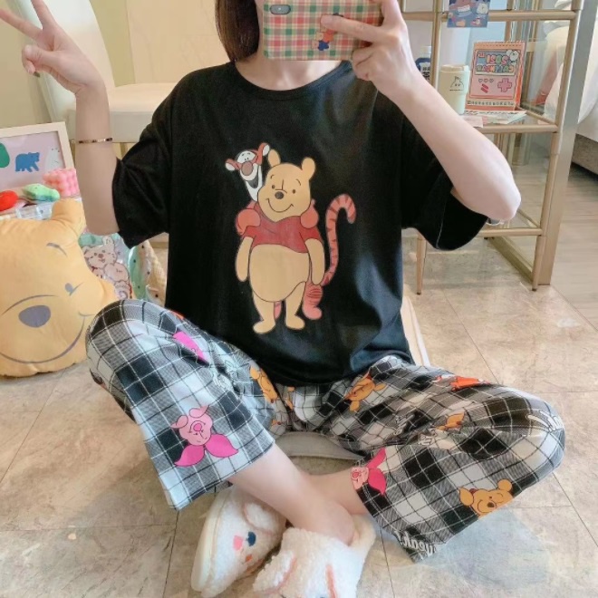 AJW Shop Baju Tidur Piyama Set 50 Motif | Setelan Wanita Import | Baju Tidur Wanita Dewasa | Piyama Wanita-Pooh Tigger Hitam