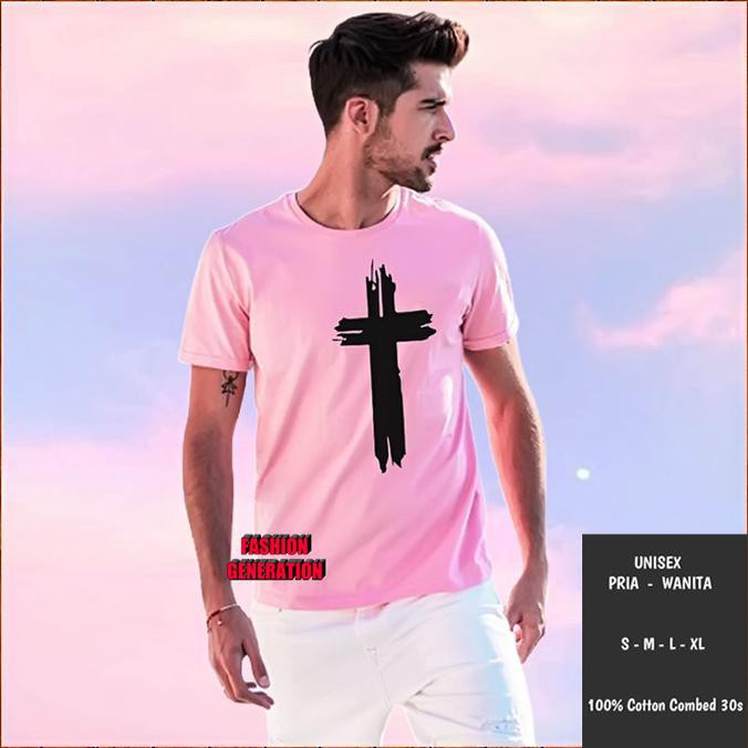 BISA BAYAR DITEMPAT Baju Kaos Tshirt Distro Salib Rohani Pria Wanita Warna Pink Fit L - S EKSLUSIF