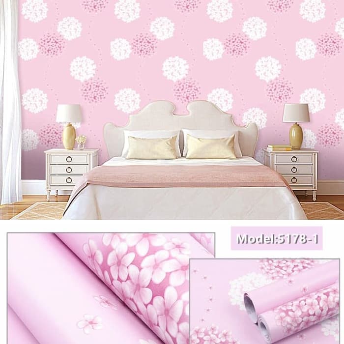 Wallpaper Dinding Stiker Motif Bunga Dandelion Pink Putih Ukuran 45 cm x 10 m