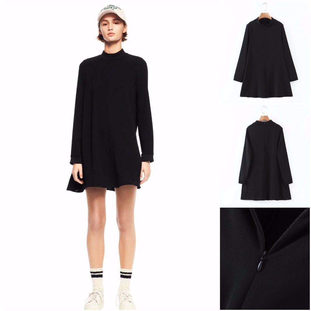 DRESS MIDI HITAM WANITA LENGAN PANJANG POLOS KASUAL/ DRESS HITAM POLO 6VEN1207