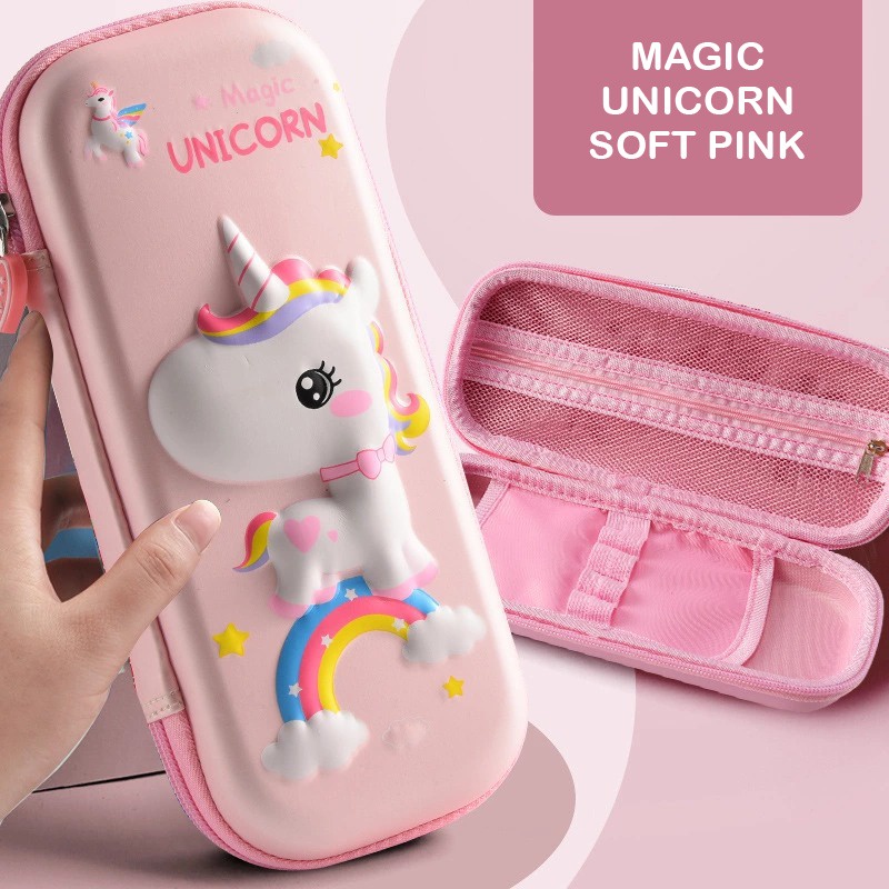 Tempat pensil 3D Premium Banyak Sekat di bagian dalam Kantong zipper kotak pensil 3D unicorn timbul bahan EVA untuk anak import kado anak perempuan