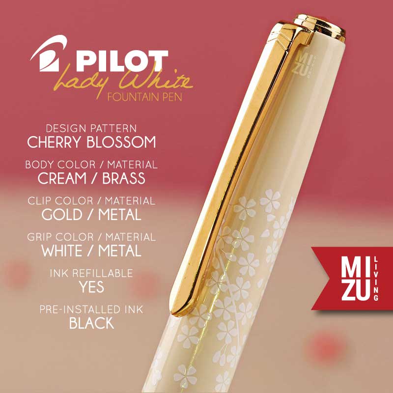 MIZU PILOT LADY WHITE FD-18SR 14K Gold Nib Sakura Cherry Blossom JAPAN Fountain Pen