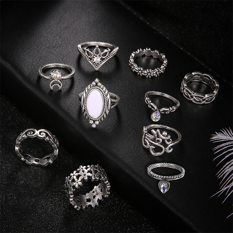 10pcs / Set Cincin Berlian Opal Bentuk Bulan Sabit Untuk Wanita