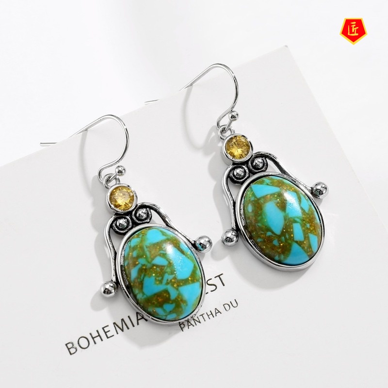 [Ready Stock]Inlaid Yellow Diamond Oval Turquoise Earrings Elegant Graceful