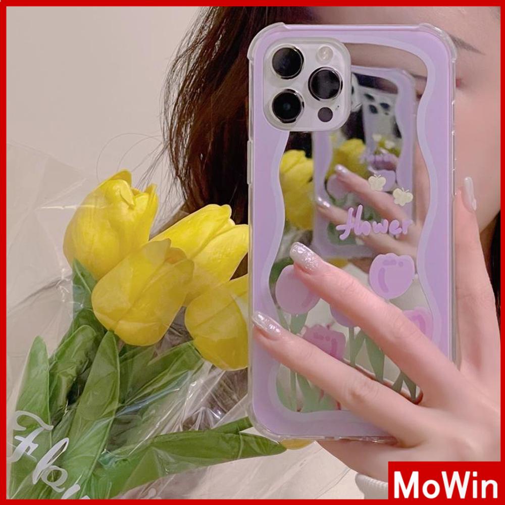 iPhone Case Acrylic HD Mirror Laser Airbag Shockproof Protection Camera Cute Purple Tulip Flowers Compatible For iPhone 11 iPhone 13 Pro Max iPhone 12 Pro Max iPhone 7 Plus iPhone xr