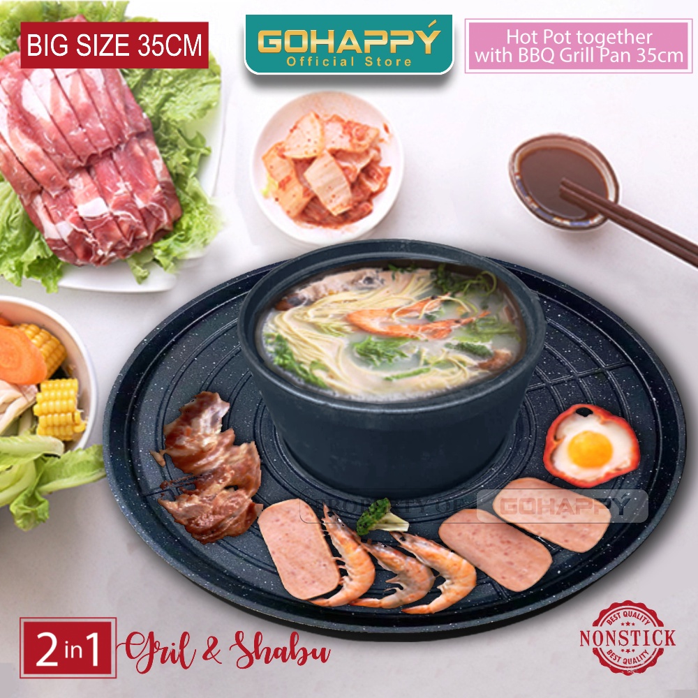 PANCI PANGGANG TEBAL Gohappy Tepannyaki 2 in 1 GHK40 ALAT Panggangan berkuah Hotpot/steamboat/shabu pot Maifan stone