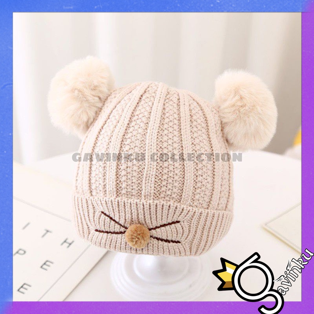 Topi Anak Laki Laki Perempuan Kupluk Bayi Model Pompom Cat Usia 0 3 6 bulan umur 1 2 3 Tahun thn Motif Kucing Kelinci Karakter Lucu Rajut Musim Dingin